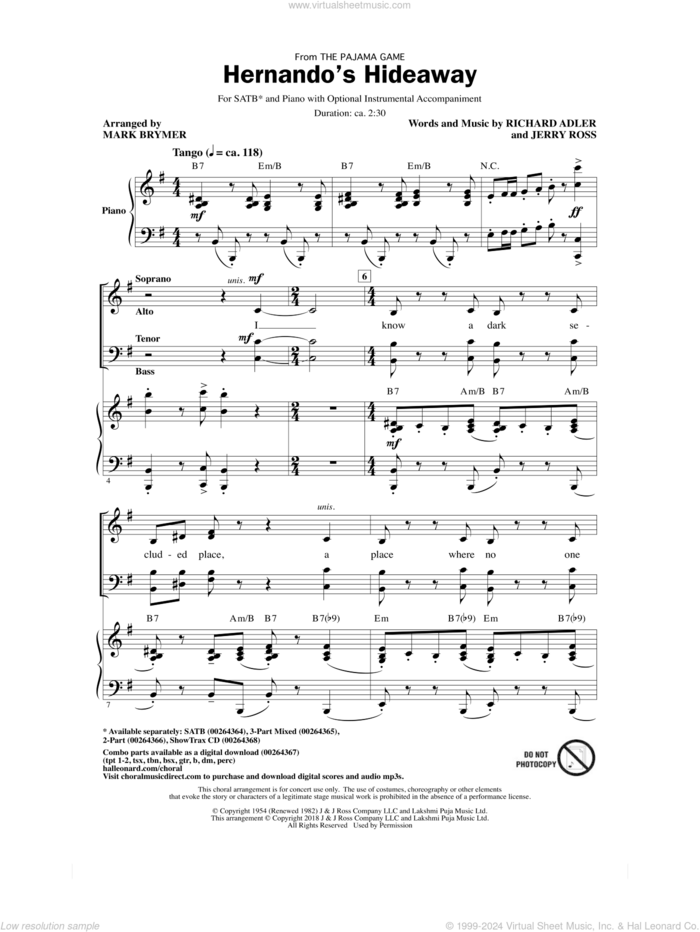 Hernando's Hideaway (arr. Mark Brymer) sheet music for choir (SATB: soprano, alto, tenor, bass) by Richard Adler, Mark Brymer and Jerry Ross, intermediate skill level