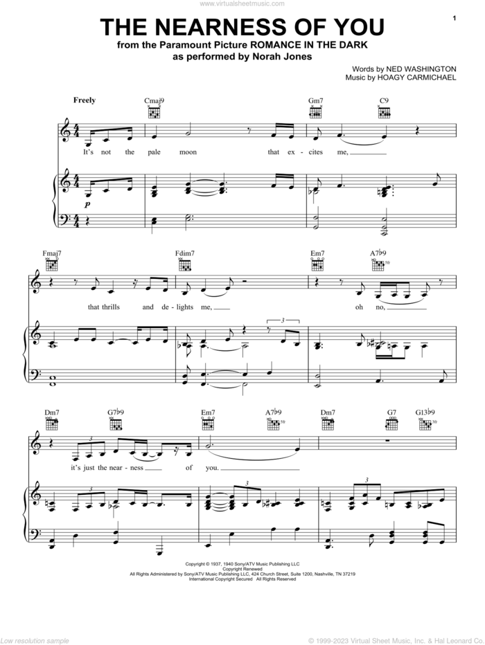 The Nearness Of You sheet music for voice, piano or guitar by Norah Jones, Hoagy Carmichael and Ned Washington, intermediate skill level