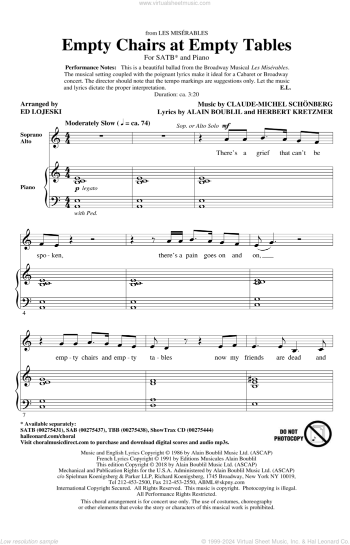 Empty Chairs At Empty Tables (from Les Miserables) (arr. Ed Lojeski) sheet music for choir (SATB: soprano, alto, tenor, bass) by Alain Boublil, Ed Lojeski, Boublil and Schonberg, Claude-Michel Schonberg and Herbert Kretzmer, intermediate skill level