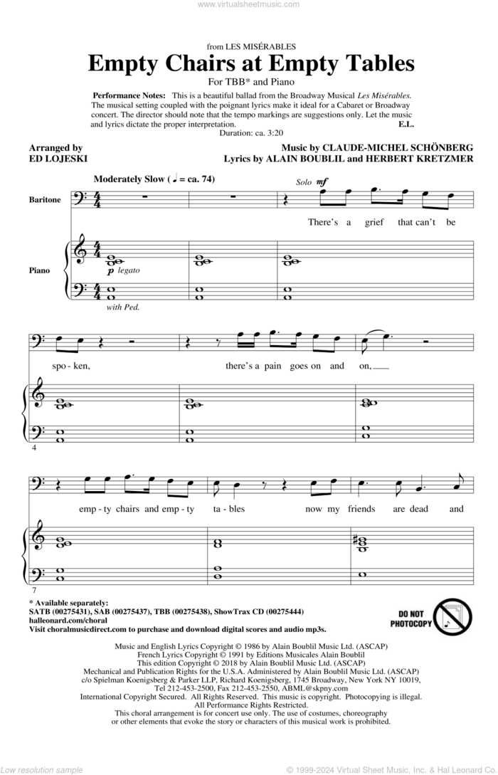 Empty Chairs At Empty Tables (from Les Miserables) (arr. Ed Lojeski) sheet music for choir (TBB: tenor, bass) by Alain Boublil, Ed Lojeski, Boublil and Schonberg, Claude-Michel Schonberg and Herbert Kretzmer, intermediate skill level