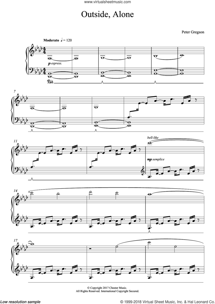 Outside, Alone sheet music for piano solo by Peter Gregson, classical score, intermediate skill level