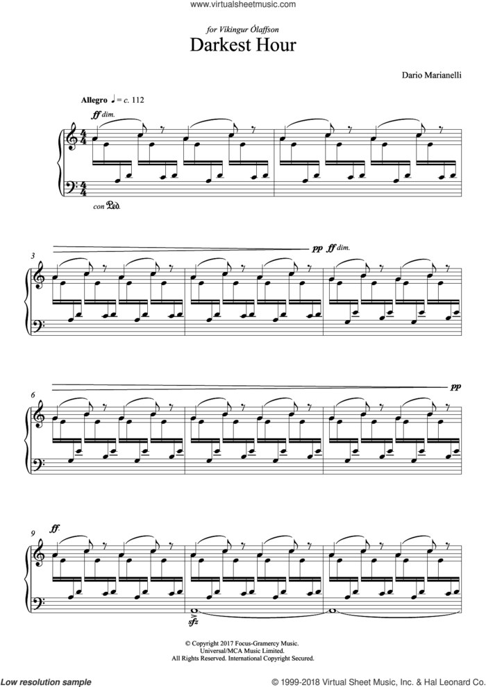 Darkest Hour sheet music for piano solo by Dario Marianelli, classical score, intermediate skill level