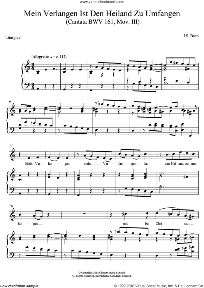 Mein Verlangen Ist Den Heiland Zu Umfangen (Cantata BWV 161, Mov. III) sheet music for voice, piano or guitar by Johann Sebastian Bach, classical score, intermediate skill level