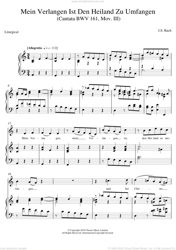 Mein Verlangen Ist Den Heiland Zu Umfangen (Cantata BWV 161, Mov. III) sheet music for voice, piano or guitar by Johann Sebastian Bach, classical score, intermediate skill level