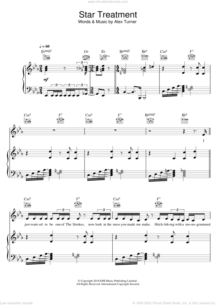 Star Treatment sheet music for voice, piano or guitar by Arctic Monkeys and Alex Turner, intermediate skill level