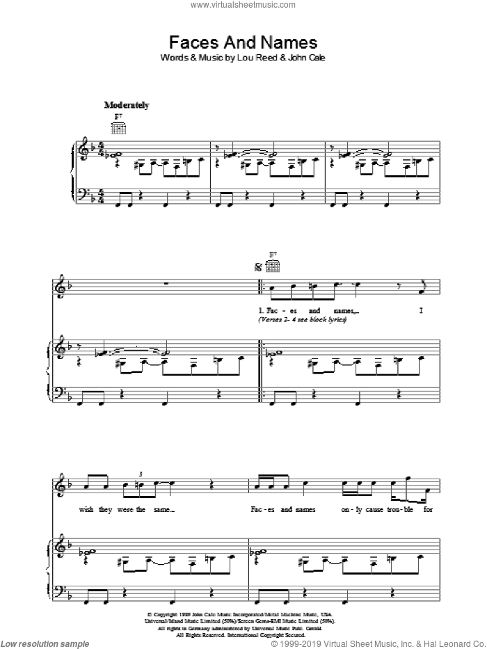 Faces And Names sheet music for voice, piano or guitar by Lou Reed and John Cale, intermediate skill level