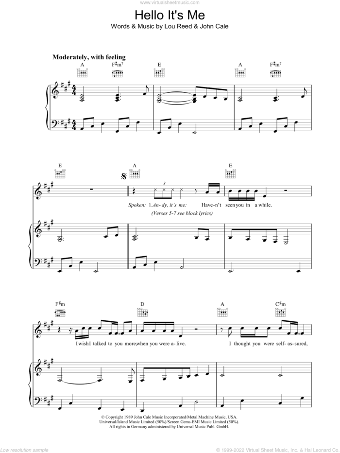 Hello It's Me sheet music for voice, piano or guitar by Lou Reed and John Cale, intermediate skill level