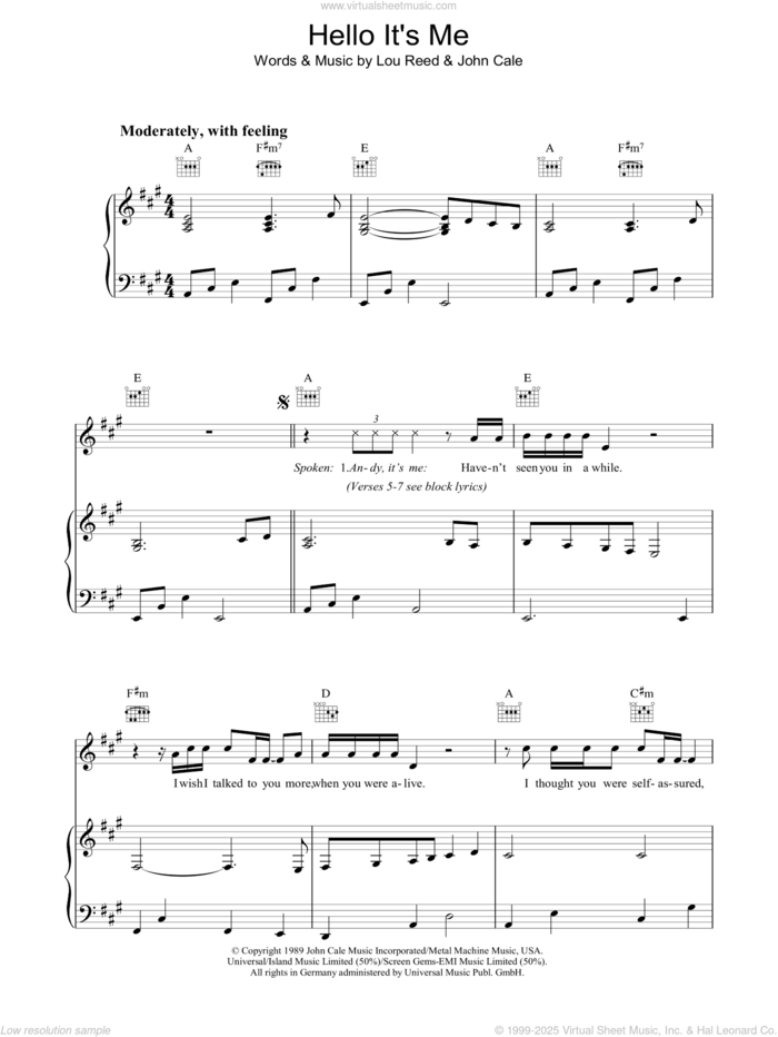 Hello It's Me sheet music for voice, piano or guitar by Lou Reed and John Cale, intermediate skill level