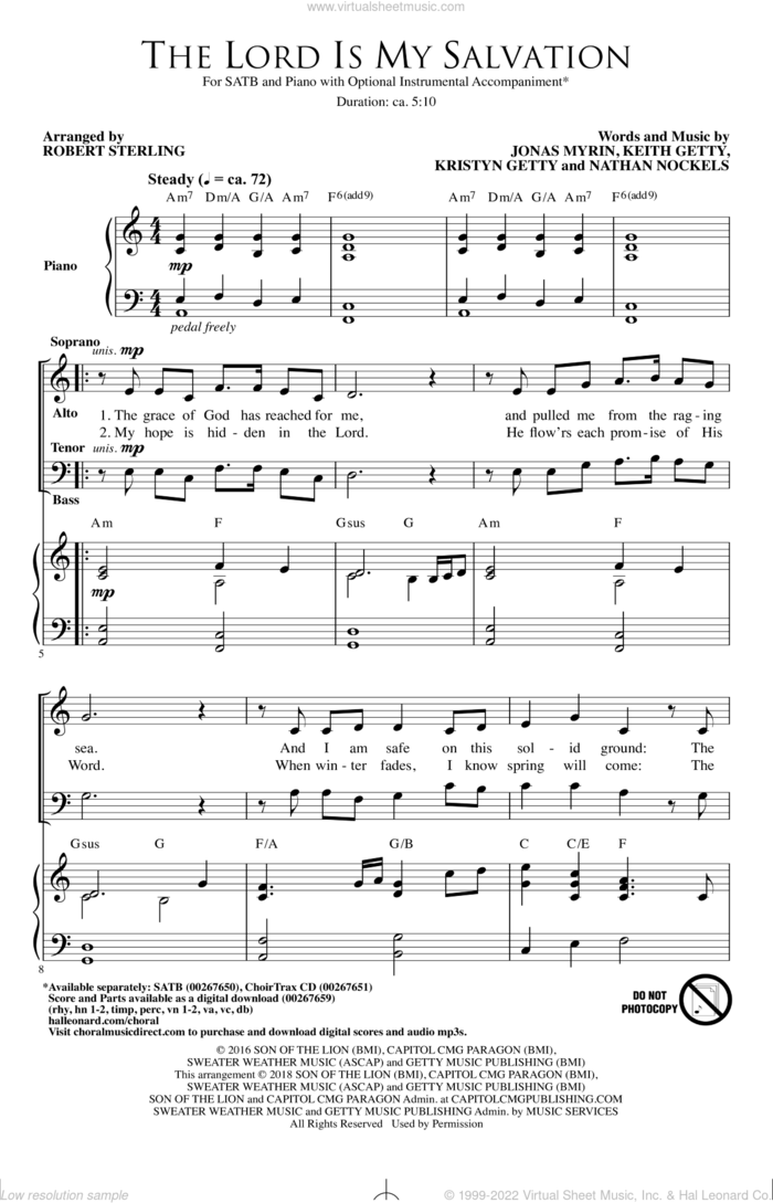 The Lord Is My Salvation sheet music for choir (SATB: soprano, alto, tenor, bass) by Jonas Myrin, Robert Sterling, Keith Getty, Kristyn Getty and Nathan Nockels, intermediate skill level