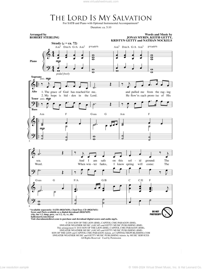 The Lord Is My Salvation sheet music for choir (SATB: soprano, alto, tenor, bass) by Jonas Myrin, Robert Sterling, Keith Getty, Kristyn Getty and Nathan Nockels, intermediate skill level