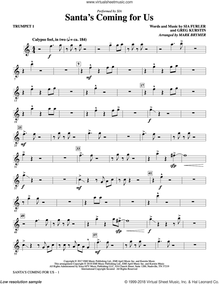 Santa's Coming for Us (complete set of parts) sheet music for orchestra/band by Mark Brymer, Greg Kurstin, Sia and Sia Furler, intermediate skill level