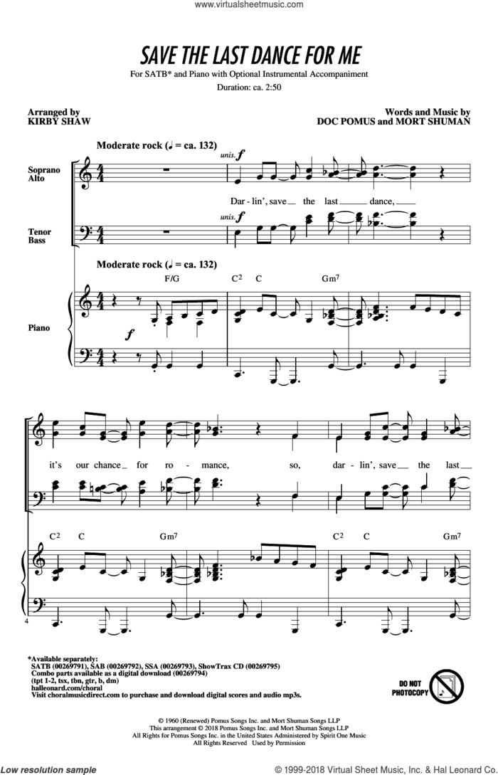 Save The Last Dance For Me (arr. Kirby Shaw) sheet music for choir (SATB: soprano, alto, tenor, bass) by Mort Shuman, Kirby Shaw, Emmylou Harris, The Drifters and Doc Pomus, intermediate skill level