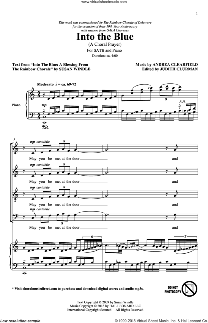Into The Blue: A Choral Prayer sheet music for choir (SATB: soprano, alto, tenor, bass) by Andrea Clearfield and Susan Windle, intermediate skill level