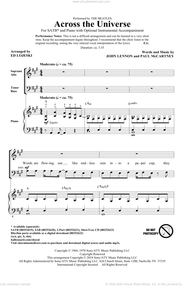 Across The Universe sheet music for choir (SATB: soprano, alto, tenor, bass) by Paul McCartney, Ed Lojeski, The Beatles and John Lennon, intermediate skill level