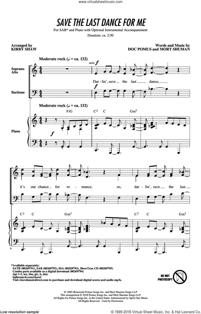 Save The Last Dance For Me (arr. Kirby Shaw) sheet music for choir (SAB: soprano, alto, bass) by Mort Shuman, Kirby Shaw, Emmylou Harris, The Drifters and Doc Pomus, intermediate skill level