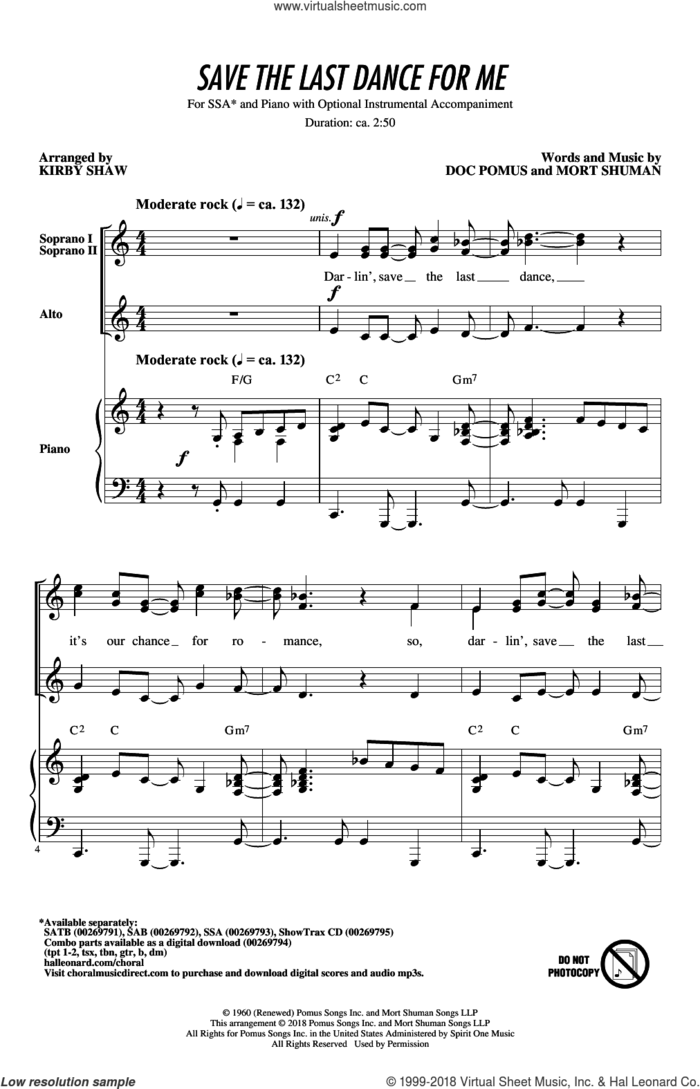 Save The Last Dance For Me (arr. Kirby Shaw) sheet music for choir (SSA: soprano, alto) by Mort Shuman, Kirby Shaw, Emmylou Harris, The Drifters and Doc Pomus, intermediate skill level