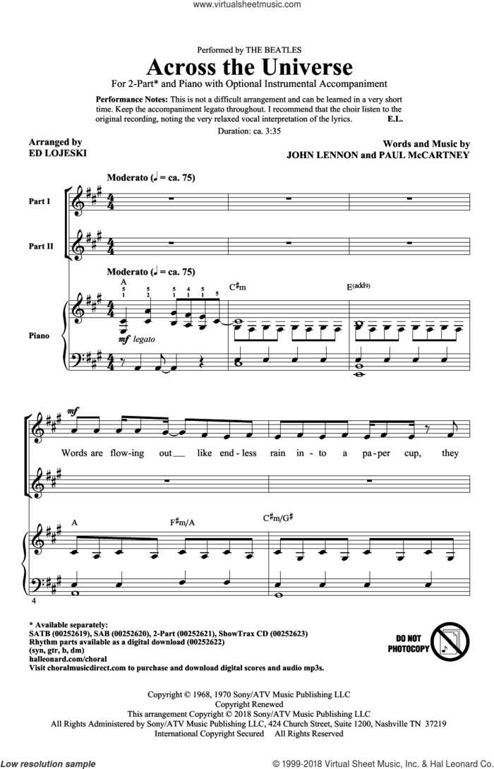 Across The Universe sheet music for choir (2-Part) by Paul McCartney, Ed Lojeski, The Beatles and John Lennon, intermediate duet