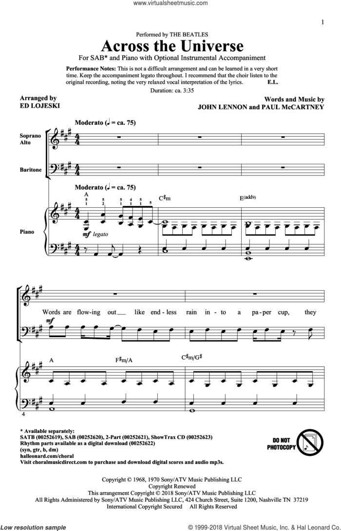 Across The Universe sheet music for choir (SAB: soprano, alto, bass) by Paul McCartney, Ed Lojeski, The Beatles and John Lennon, intermediate skill level