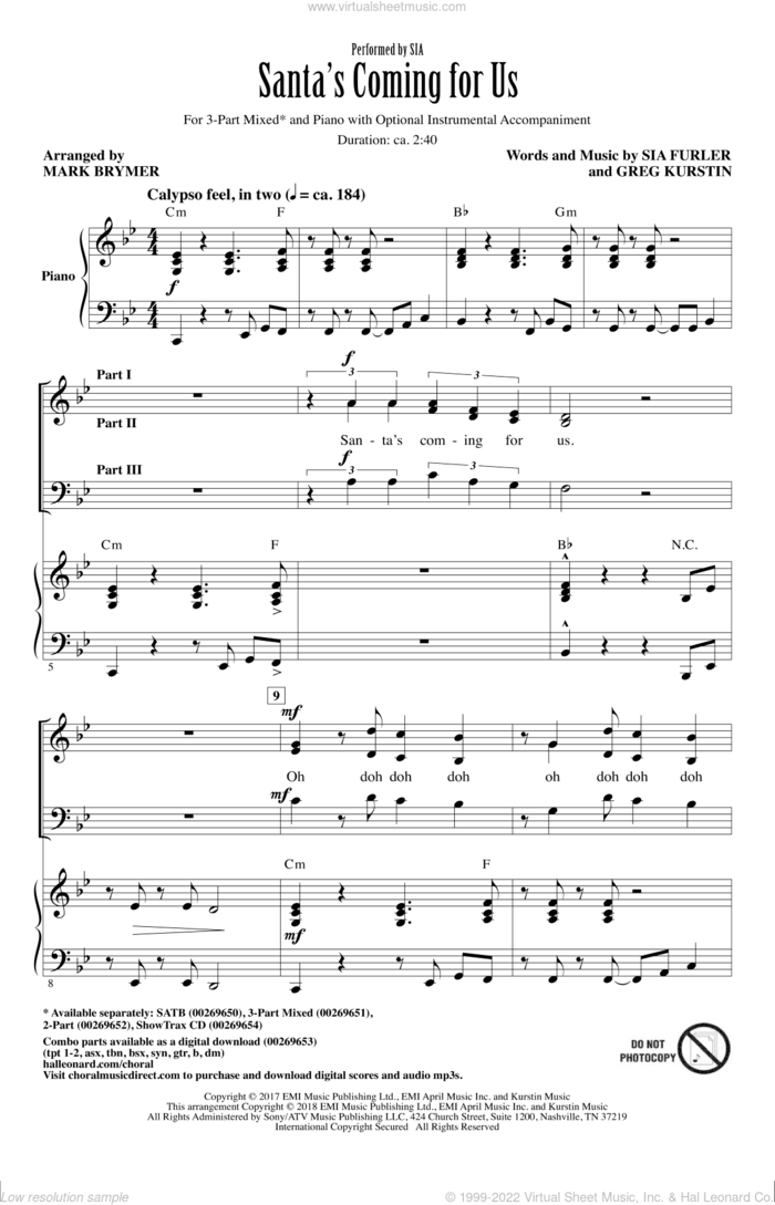Santa's Coming For Us sheet music for choir (3-Part Mixed) by Greg Kurstin, Mark Brymer, Sia and Sia Furler, intermediate skill level