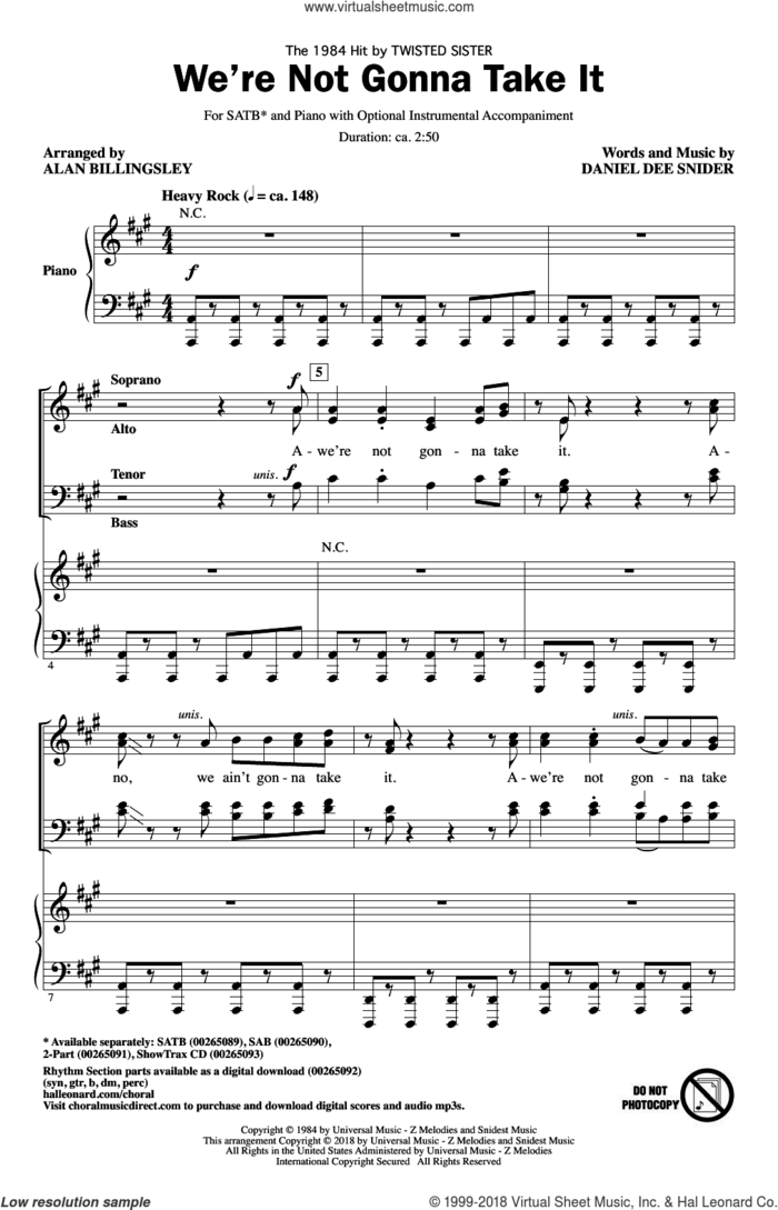 We're Not Gonna Take It sheet music for choir (SATB: soprano, alto, tenor, bass) by Alan Billingsley, Twisted Sister and Dee Snider, intermediate skill level