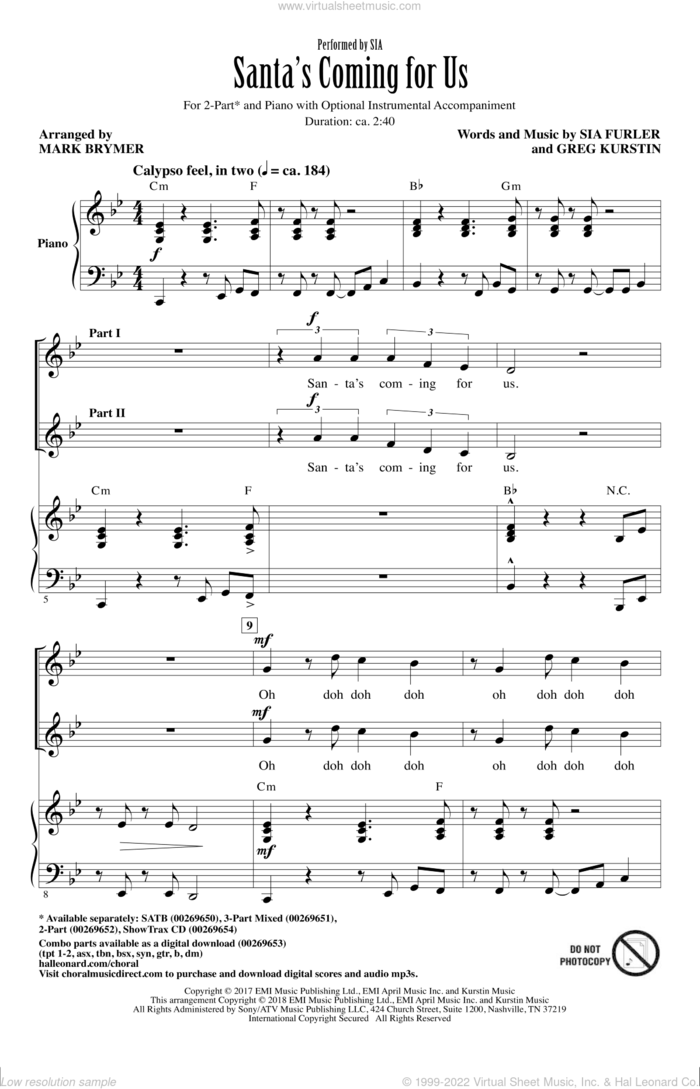 Santa's Coming For Us sheet music for choir (2-Part) by Greg Kurstin, Mark Brymer, Sia and Sia Furler, intermediate duet