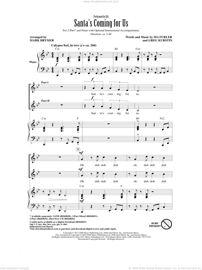 Santa's Coming For Us sheet music for choir (2-Part) by Mark Brymer, Sia, Greg Kurstin and Sia Furler, intermediate duet