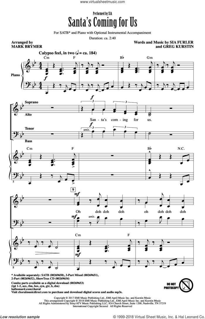 Santa's Coming For Us sheet music for choir (SATB: soprano, alto, tenor, bass) by Mark Brymer, Sia, Greg Kurstin and Sia Furler, intermediate skill level