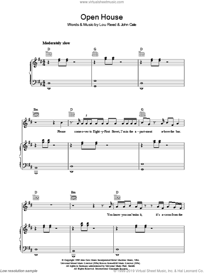 Open House sheet music for voice, piano or guitar by Lou Reed and John Cale, intermediate skill level