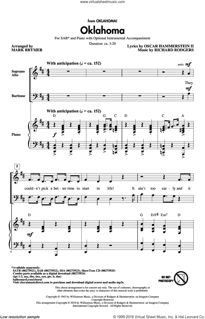 Oklahoma (from Oklahoma!) sheet music for choir (SAB: soprano, alto, bass) by Richard Rodgers, Mark Brymer and Oscar II Hammerstein, intermediate skill level