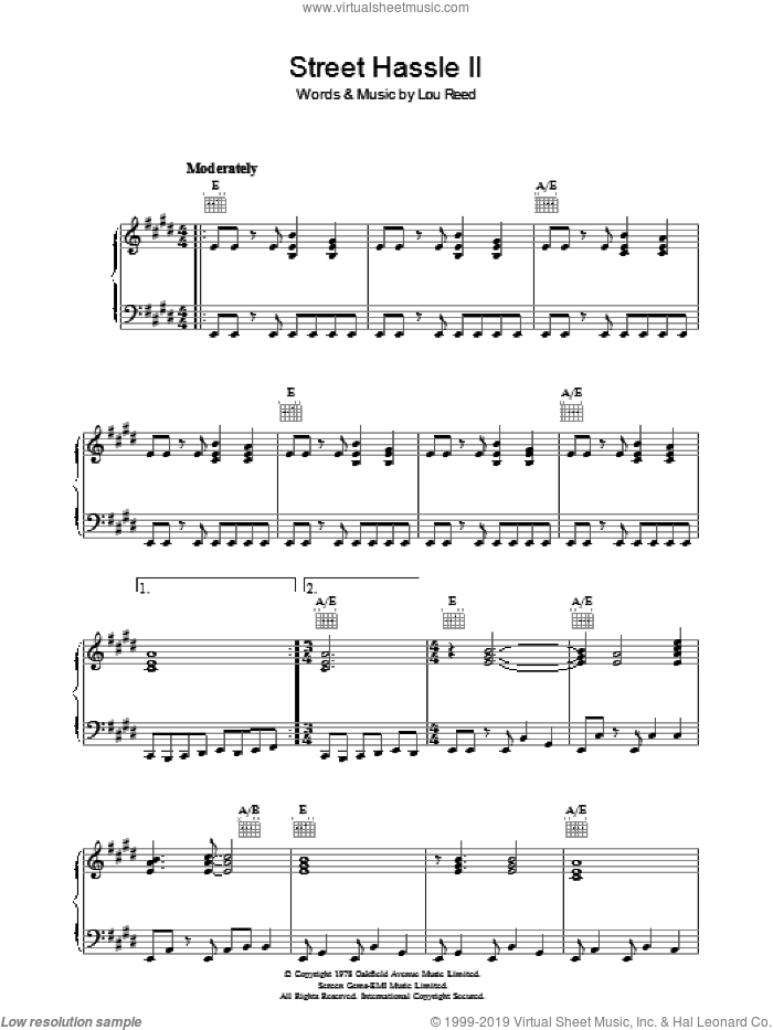 Street Hassle II sheet music for voice, piano or guitar by Lou Reed, intermediate skill level
