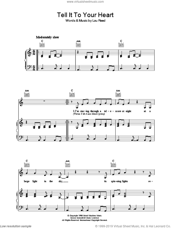 Tell It To Your Heart sheet music for voice, piano or guitar by Lou Reed, intermediate skill level