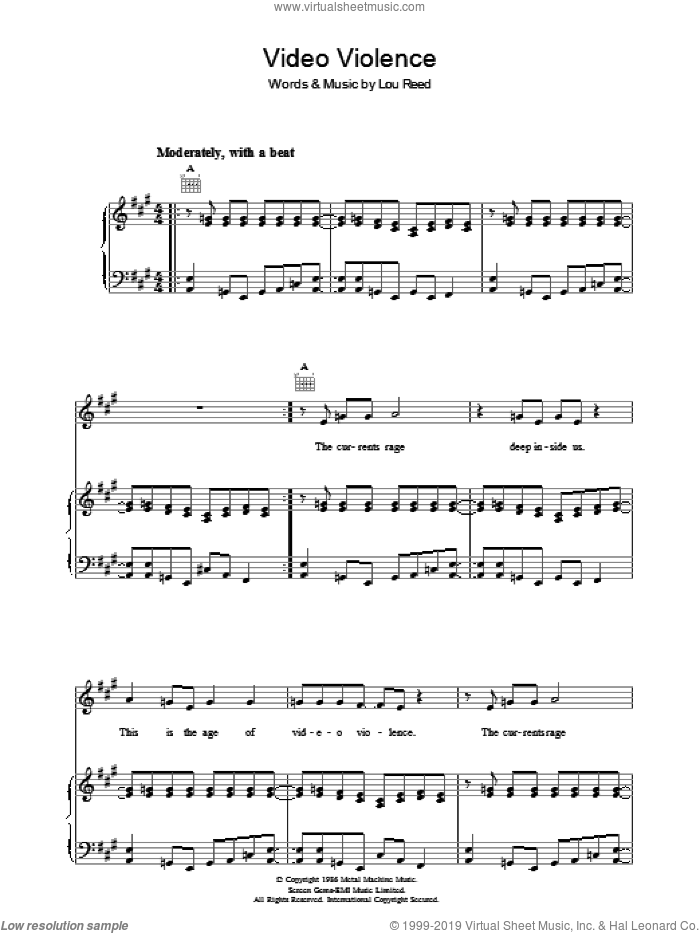 Video Violence sheet music for voice, piano or guitar by Lou Reed, intermediate skill level