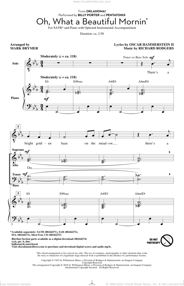 Oh, What A Beautiful Mornin' (from Oklahoma!) sheet music for choir (SATB: soprano, alto, tenor, bass) by Richard Rodgers, Mark Brymer, Pentatonix and Oscar II Hammerstein, intermediate skill level