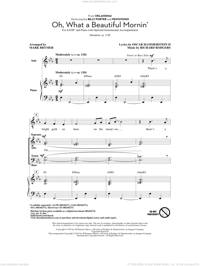 Oh, What A Beautiful Mornin' (from Oklahoma!) sheet music for choir (SATB: soprano, alto, tenor, bass) by Richard Rodgers, Mark Brymer, Pentatonix and Oscar II Hammerstein, intermediate skill level