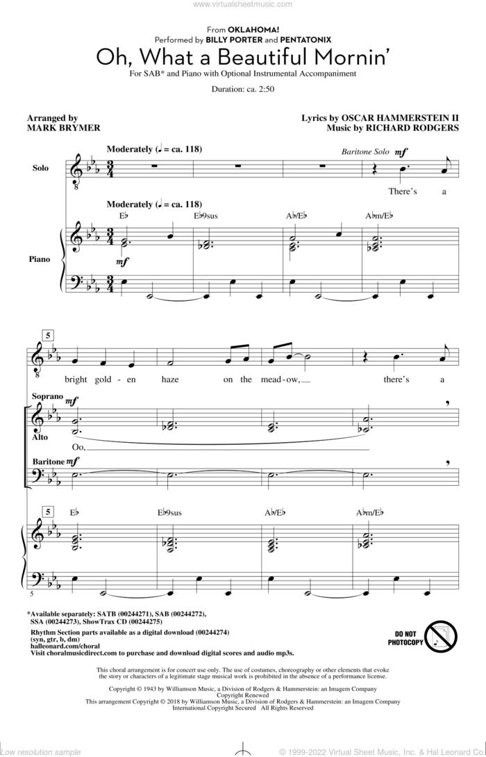 Oh, What A Beautiful Mornin' (from Oklahoma!) sheet music for choir (SAB: soprano, alto, bass) by Richard Rodgers, Mark Brymer, Pentatonix and Oscar II Hammerstein, intermediate skill level