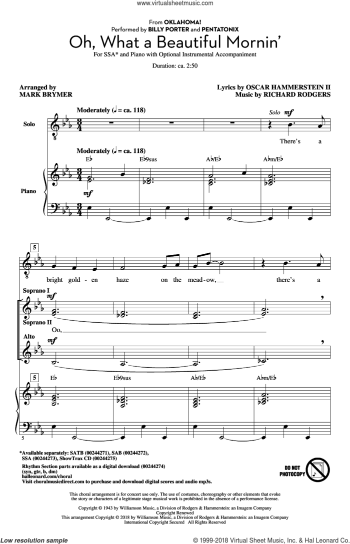 Oh, What A Beautiful Mornin' (from Oklahoma!) sheet music for choir (SSA: soprano, alto) by Richard Rodgers, Mark Brymer, Pentatonix and Oscar II Hammerstein, intermediate skill level