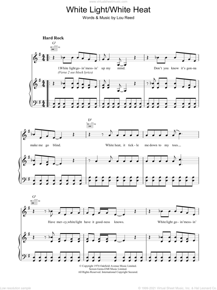 White Light/White Heat sheet music for voice, piano or guitar by Lou Reed, intermediate skill level