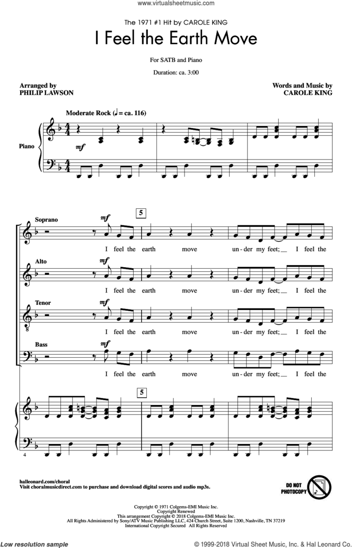 I Feel The Earth Move sheet music for choir (SATB: soprano, alto, tenor, bass) by Carole King and Philip Lawson, intermediate skill level