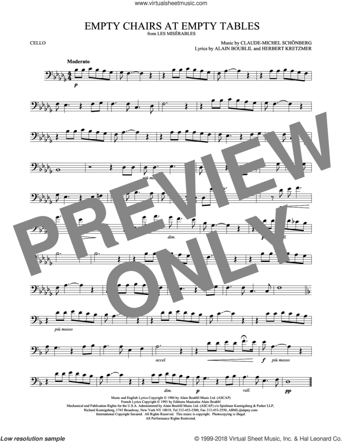 Empty Chairs At Empty Tables sheet music for cello solo by Alain Boublil, Claude-Michel Schonberg, Claude-Michel Schonberg and Herbert Kretzmer, intermediate skill level