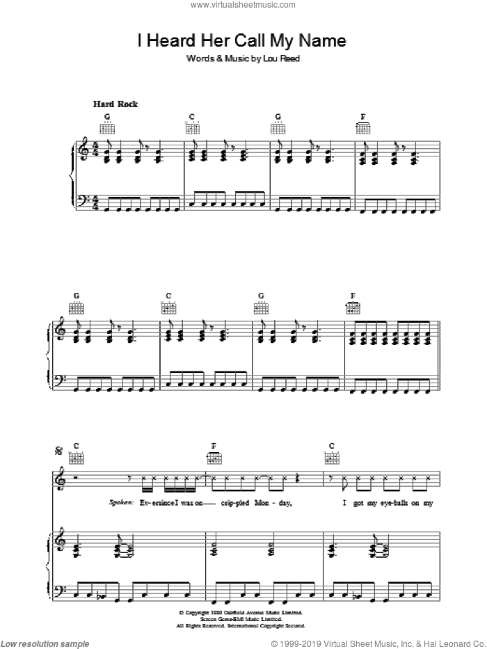 I Heard Her Call My Name sheet music for voice, piano or guitar by Lou Reed, intermediate skill level