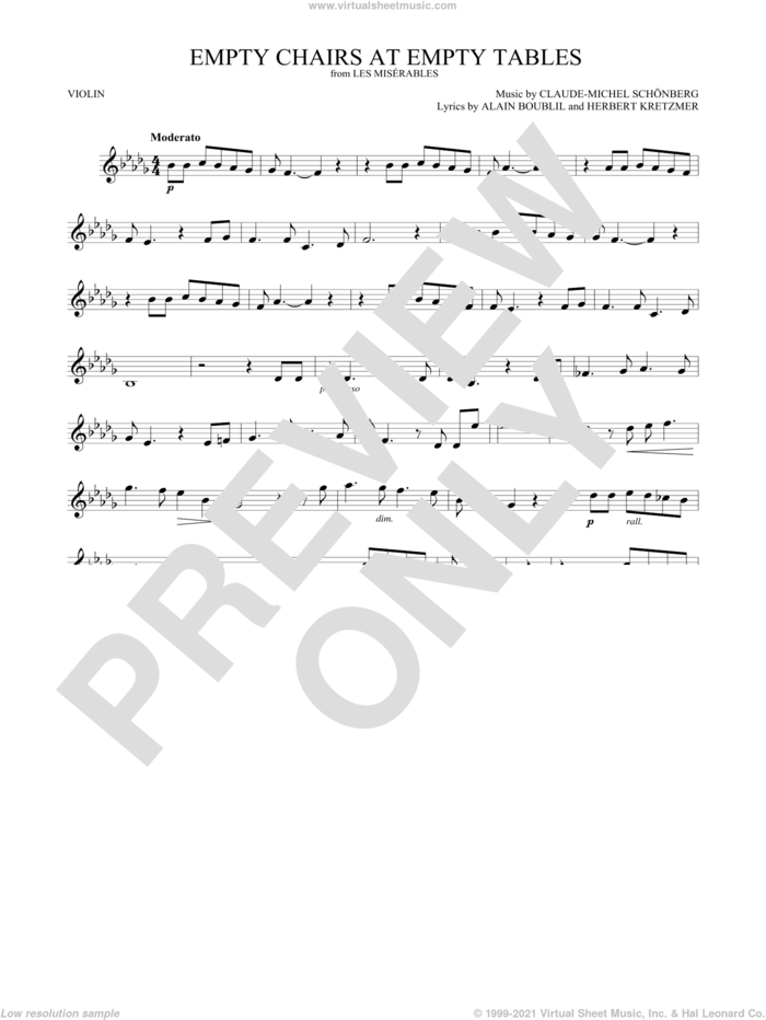 Empty Chairs At Empty Tables sheet music for violin solo by Alain Boublil, Claude-Michel Schonberg, Claude-Michel Schonberg and Herbert Kretzmer, intermediate skill level
