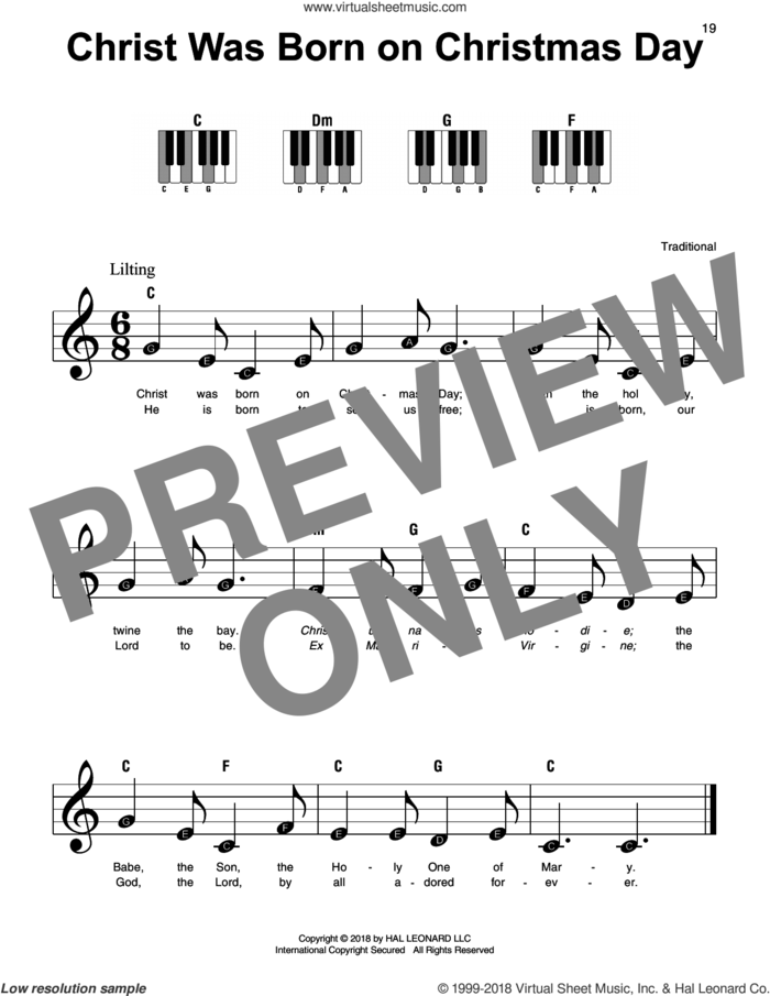 Christ Was Born On Christmas Day sheet music for piano solo, beginner skill level