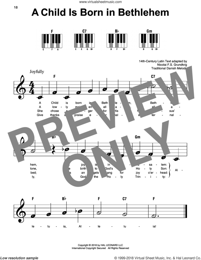 A Child Is Born In Bethlehem sheet music for piano solo by Traditional Danish Melody and Nicolai F.S. Grundtvig, beginner skill level