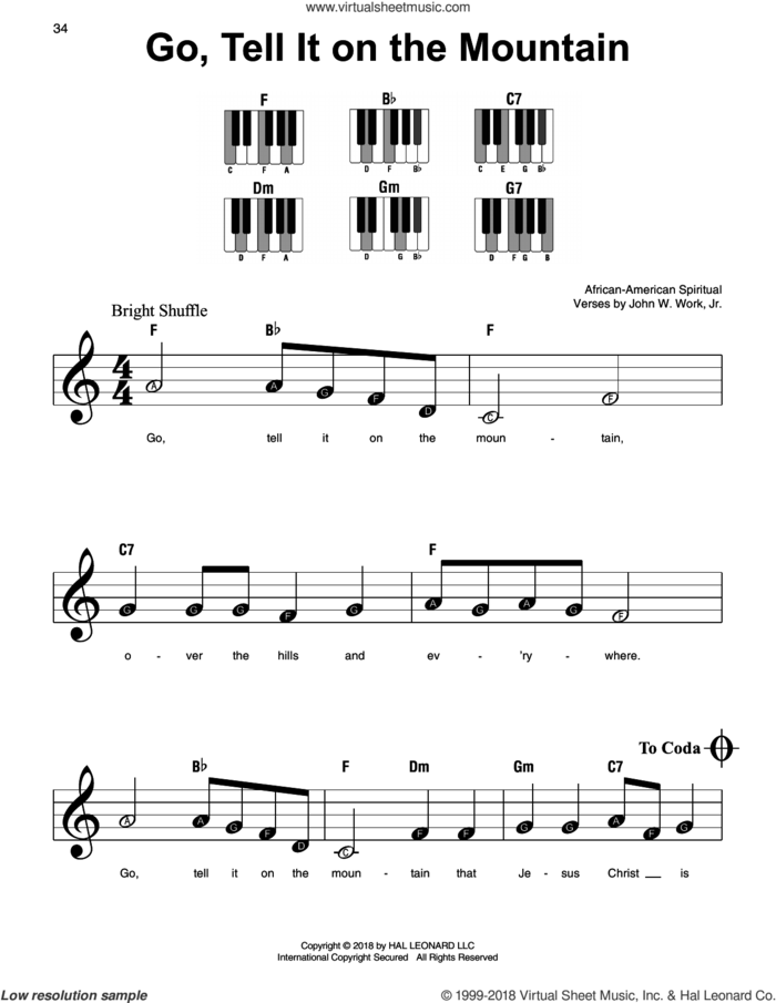 Go, Tell It On The Mountain, (beginner) sheet music for piano solo by John W. Work, Jr. and Miscellaneous, beginner skill level