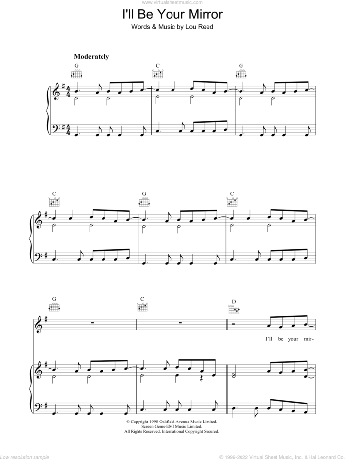 I'll Be Your Mirror sheet music for voice, piano or guitar by Lou Reed, intermediate skill level