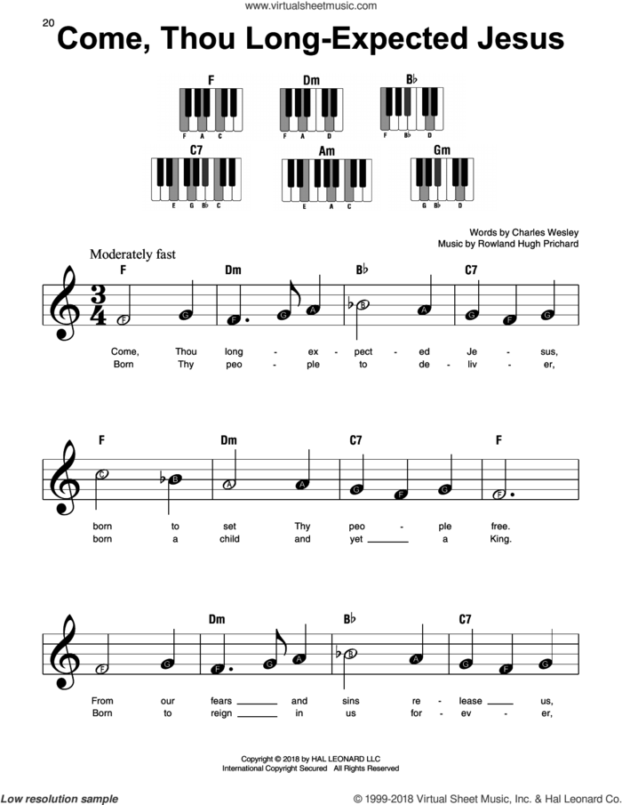 Come, Thou Long-Expected Jesus sheet music for piano solo by Charles Wesley and Rowland Prichard, beginner skill level