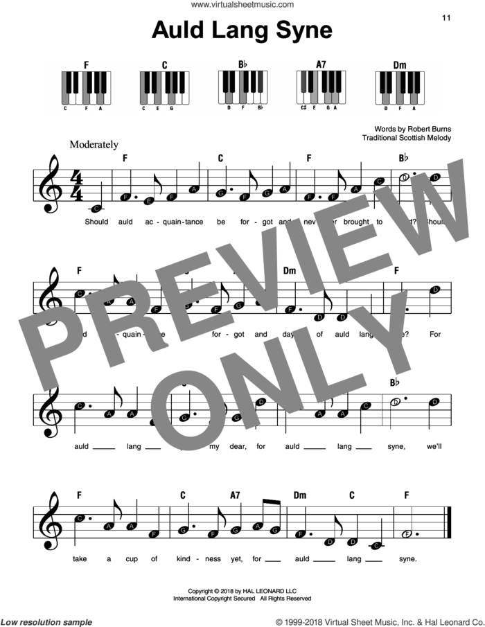 Auld Lang Syne sheet music for piano solo by Traditional Scottish Melody and Robert Burns, beginner skill level