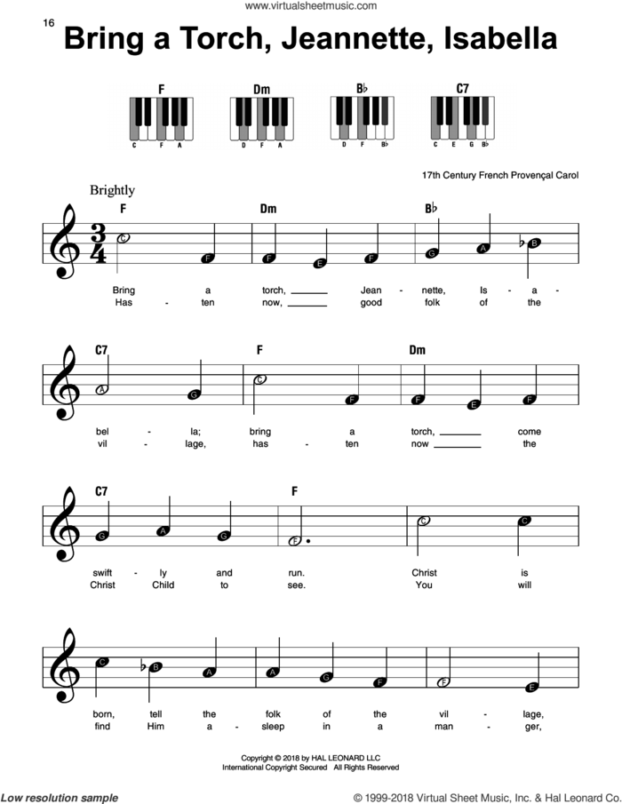 Bring A Torch, Jeannette, Isabella sheet music for piano solo by Anonymous and Miscellaneous, beginner skill level