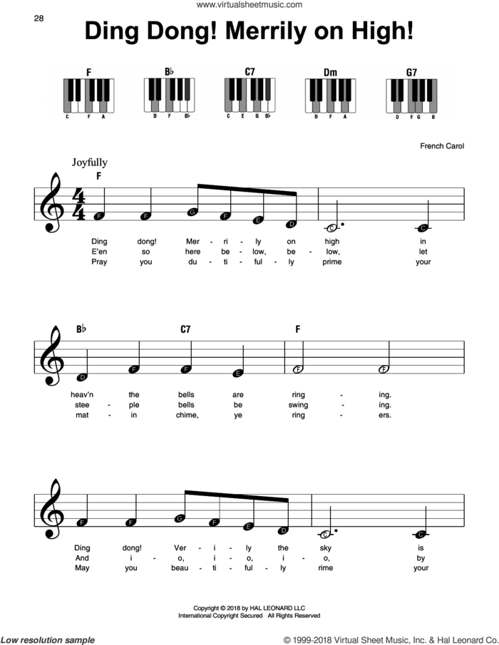 Ding Dong! Merrily On High! sheet music for piano solo, beginner skill level