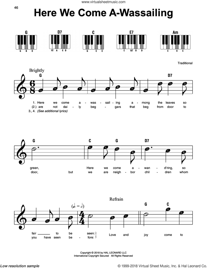 Here We Come A-Wassailing sheet music for piano solo, beginner skill level